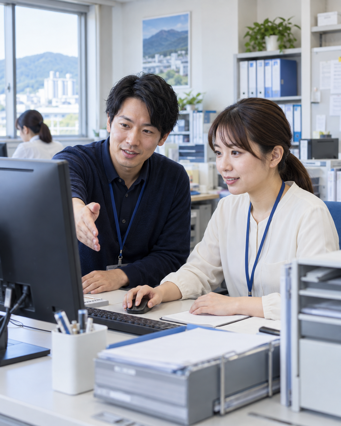 事務エリアで担当者と画面を確認しながらIT業務を支援するイメージ